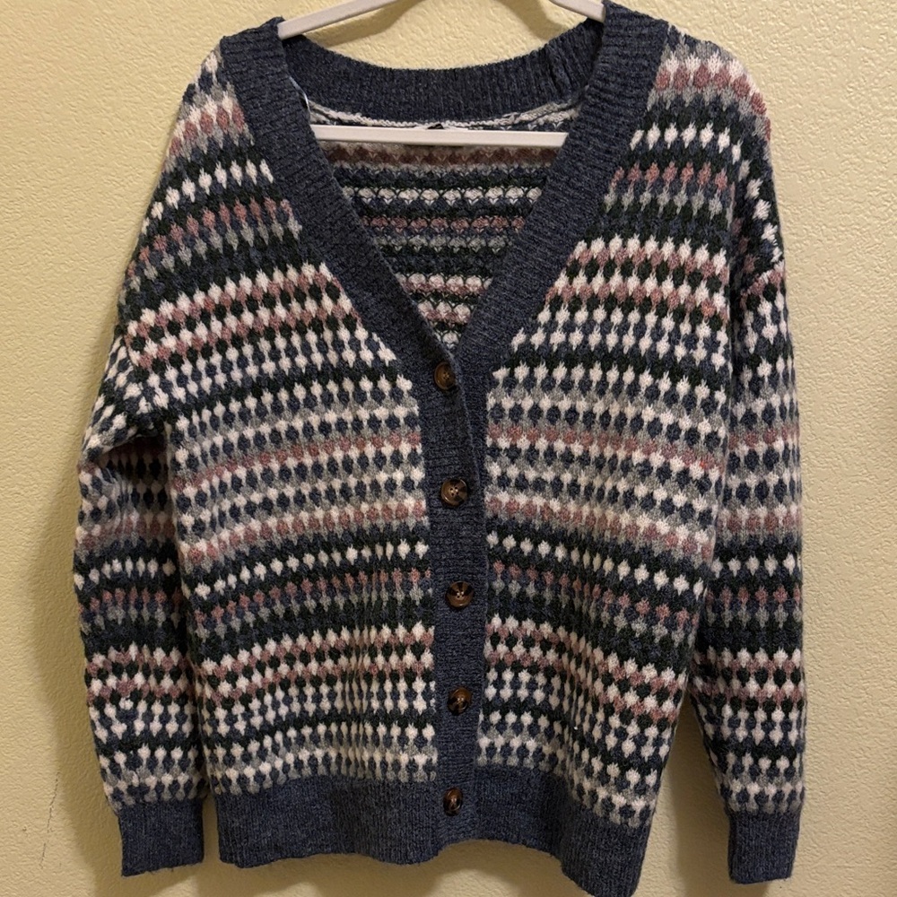 Kensie Navy, White & Pink Patterned Button-Up Cardigan